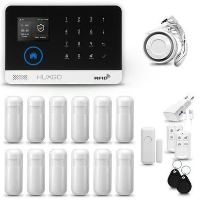 Alarmanlage Haus WiFi + GSM 4G LTE mit Sirene mit 12x Bewegungssensoren HXA003 HUXGO