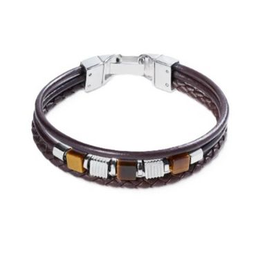 Armband - Edelstahl Leder - Tigerauge 3 reihig