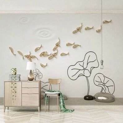 3D Fototapete Goldene Fische Wellen Relief Luxus Wandbild XXL Vlies 10892