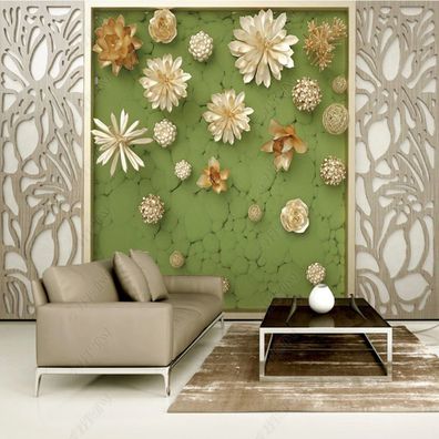 3D Wandbild Goldene Blumen Blätter Pflanzen Fototapete Luxus Wanddeko 10895
