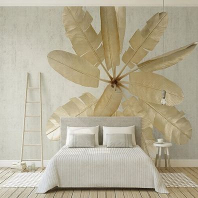 3D Fototapete Goldene Tropische Blätter Betonwand Luxus Wandbild 10896