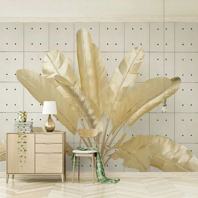 3D Fototapete Goldene Tropische Blätter Betonwand Luxus Wandbild 10897