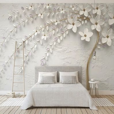 3D Wandbild Weiße Blumen Äste Fototapete Elegante Wanddeko Luxus 10902