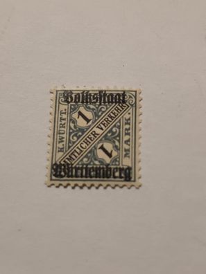 Württemberg Dienstmarke 1 Mark mit Aufdruck "Volksstaat Württemberg"