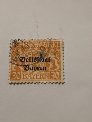 Bayern Dienstmarke 30 Pf mit Aufdruck "Volksstaat Bayern", gestempelt
