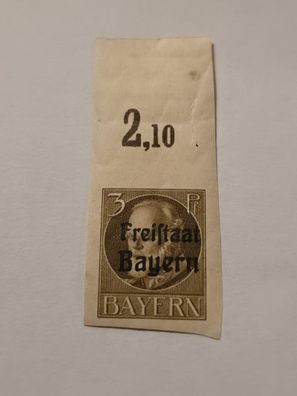 Bayern 3 Pf Ludwig III mit Aufdruck "Freistaat Bayern", ungezähnt, Oberrand mit Platt
