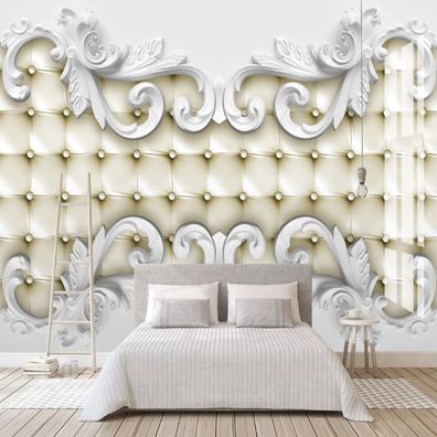 3D Wandbild Weiße Stuckornamente Lederoptik Fototapete Luxus Deko 10915