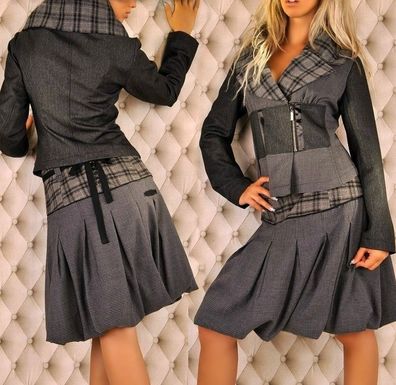 SeXy Miss Damen Midi Ballon Rock schwarz grau Karo Hahnentritt Knöpfe Band 36