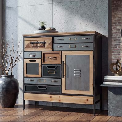 Apothekerkommode HWC-Q77, Schrank Industrial Vintage/Shabby Holz Metall 85x84x35cm