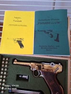 P 08 cal 9mm PAK vergoldet mit orig. Holzkassette