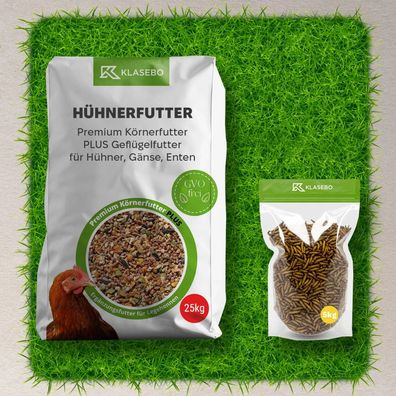 Hühnerfutter Bio Set 30kg – 25kg Premium & 5kg Schwarzkopfmaden