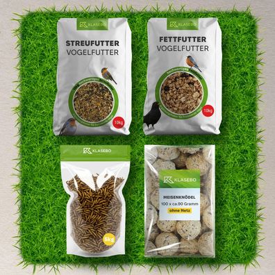 Wildvogelfutter-Komplettset 10kg Samen 10kg Suet-Mix 100 Kugeln 5kg Larven