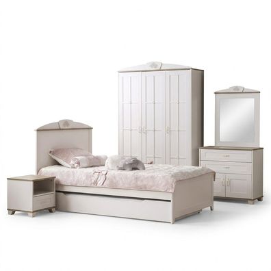 Kinderbett Funktionsbett Holzbett Ausziehbares Bett Weiß Set 5tlg Neu
