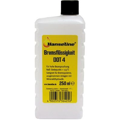 Bremsflüssigkeit DOT 4, Flache 250ml, Hanseline, 306425