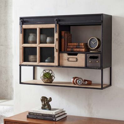 Wandregal HWC-Q79, Hängeregal Schubladen Staufächer, Shabby Holz Metall 52x67x22cm