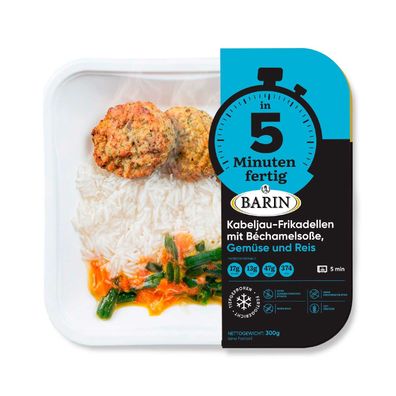 BARIN in 5 Minuten fertig Kabeljau-Frikadellen mit Béchamelsoße, Gemüse und Reis,