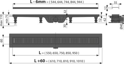 Alcadrain APZ10BLACK Duschrinne mit Rand für den perforierten Rost, Schwarz-Matt