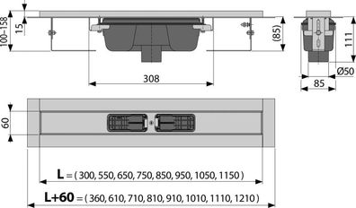 Alcadrain APZ1001 Duschrinne mit Rand für den perforierten Rost, Abfluss senkrecht