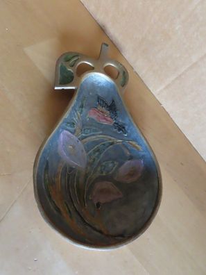 Zierschale Dekoschale Birnenform Metall mit Emaille Blume mit Vogel ca.19cm