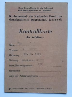 DDR Kreisausschuß der Nationalen Front Rostock Kontrollkarte des Aufklärers