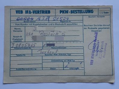 DDR PKW Bestellung Trabant von 1981