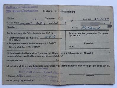 DDR Fahrerlaubnisantrag VPKA Ribnitz Damgarten