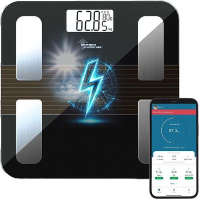 NEU Smarte Solar Körperfettwaage Personenwaage Glas Akku App LCD für Gewicht BMI
