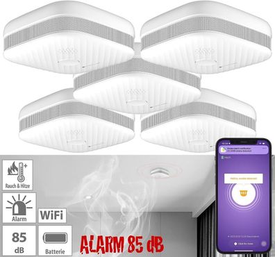 NEU 5er Set Rauch Hitzemelder WLAN App Feuermelder für Sicherheit Haus Wohnung
