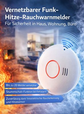 NEU Vernetzbarer Funk Hitze Rauchwarnmelder für Sicherheit SOS Haus Wohnung Büro