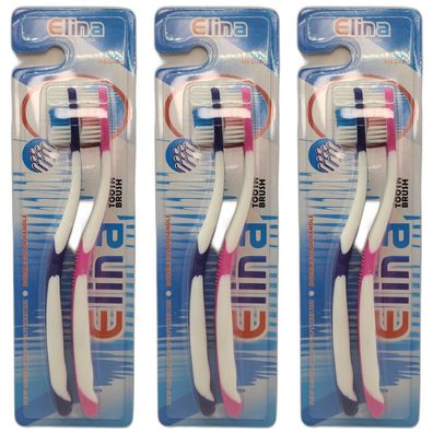 3 x Zahnbürste ELINA 2er mit Anti-Rutschgriff medium