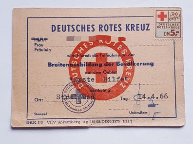 DDR DRK Deutsches Rotes Kreuz Teilnahmebescheinigung Erste Hilfe Stralsund 1966