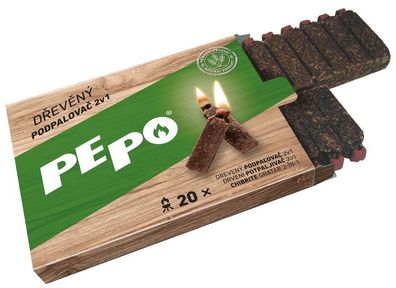 Anzünder PE-PO® 2in1, Holz, 20 Stk., mit Zündholz und Reibefläche, für