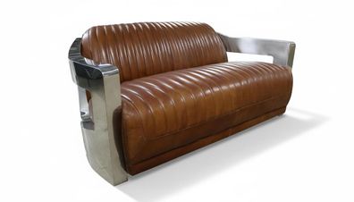 Sofa Vintage 2-Sitzer Ledersofa im Retro Stil Echtleder Aluminium Nieten Möbel