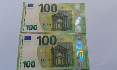 2 Banknoten 100 euro 2019 Geldschein seltene RC - Serie mit "Palindrom" 34/43