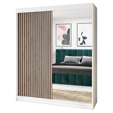 Schwebetürenschrank MIT 160 cm mit Spiegel und 3D-Lamellen - 2-türiger Kleiderschrank