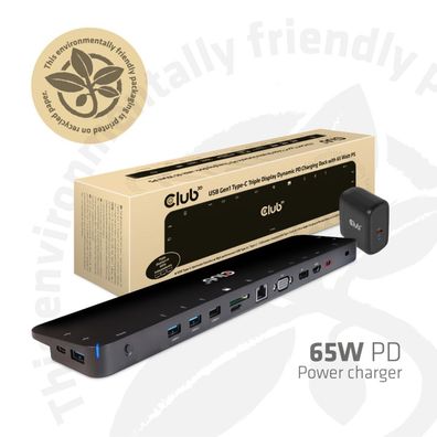 CLUB3D Universal USB Gen1 Typ-C Triple Display Dynamic PD Ladestation mit 65 Watt PS