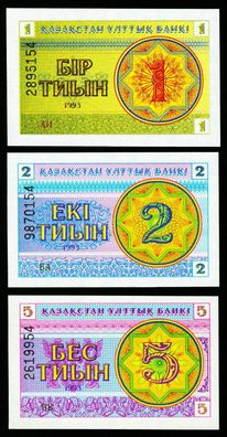 Kasachstan. 1, 2, 5 Tyin 1993. 1d, 2d, 3b. UNC