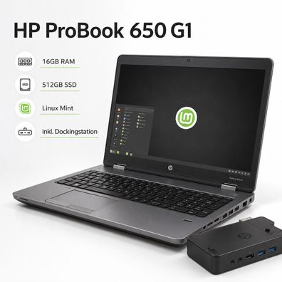 HP ProBook 650 G1 15,6" - i5, 16GB RAM, Linux Mint + Dockingstation
