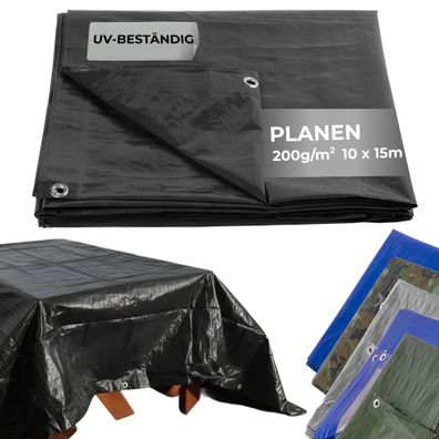 Plane Tarpaulin Strong 10x15 m, 200 g/m, Abdeckplane, anthrazit, mit Ösen