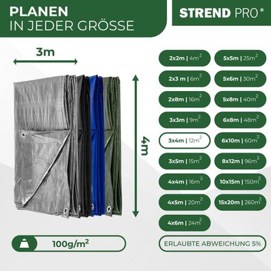 Plane Tarpaulin Medium 3x4 m, 100 g/m, Abdeck-, SILVER, silber, mit Ösen