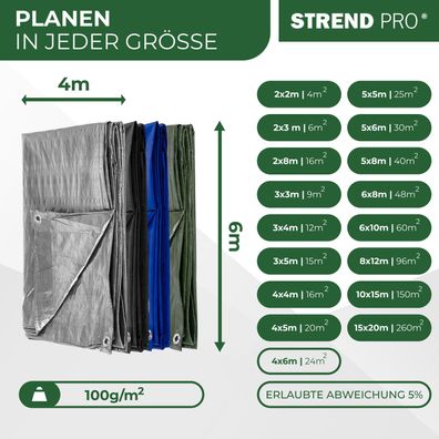 Plane Tarpaulin Medium 4x6 m, 100 g/m, Abdeck-, SILVER, silber, mit Ösen