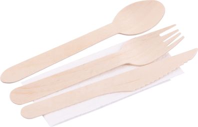 Besteckset MagicHome Woodline ECO, Holzmesser, Gabel, Loffel, Serviette