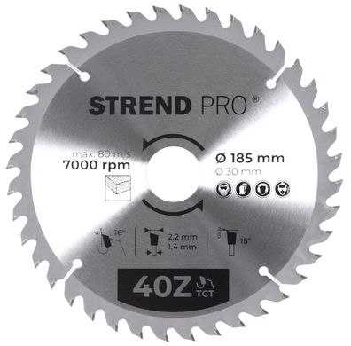 Scheibe Strend Pro TCT 185x2.2x30/20 mm 40Z, für Holz, Sägeblatt, SK-Zähne
