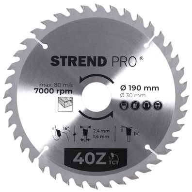 Scheibe Strend Pro TCT 190x2.4x30/20 mm 40T, für Holz, Sägeblatt, SK-Zähne