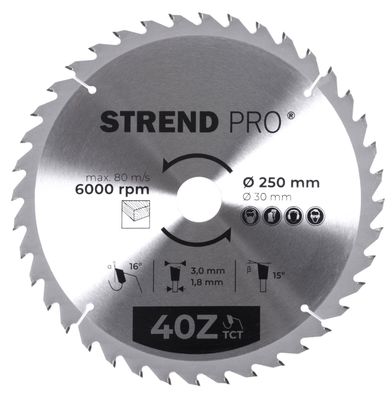 Scheibe Strend Pro TCT 250x3.0x30/20 mm 40T, für Holz, Sägeblatt, SK-Zähne