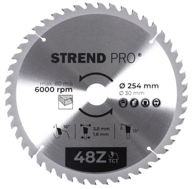 Scheibe Strend Pro TCT 254x3.0x30/20 mm 48T, für Holz, Sägeblatt, SK-Zähne