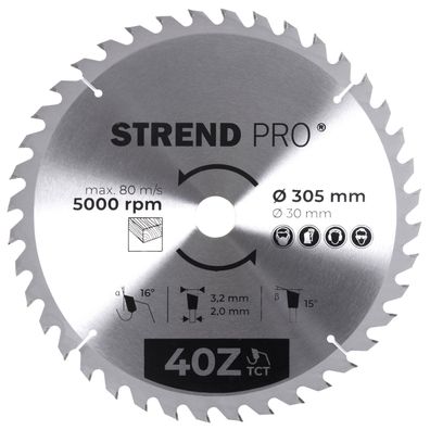 Sägeblatt Strend Pro TCT 305x3.2x30 20 mm 40Z, für Holz, Kreissägeblatt
