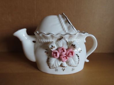Figur Gießkanne Keramik weiß mit rosa Blumen Goldverzierung ca. 10,5cm H