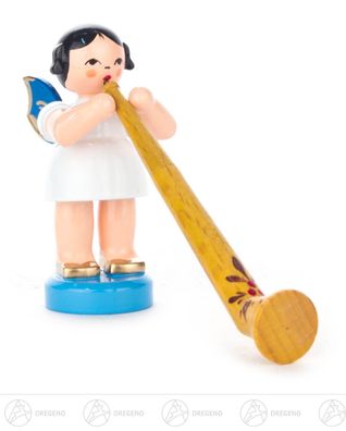 Engel mit Alphorn stehend, blaue Flügel H=ca 5,5 cm Erzgebirge Weihnachtsfigur