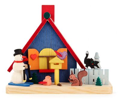 Räucherhaus mit Schneemann BxH = 12x11cm NEU Rauchfigur Rauchmann Rauchhaus